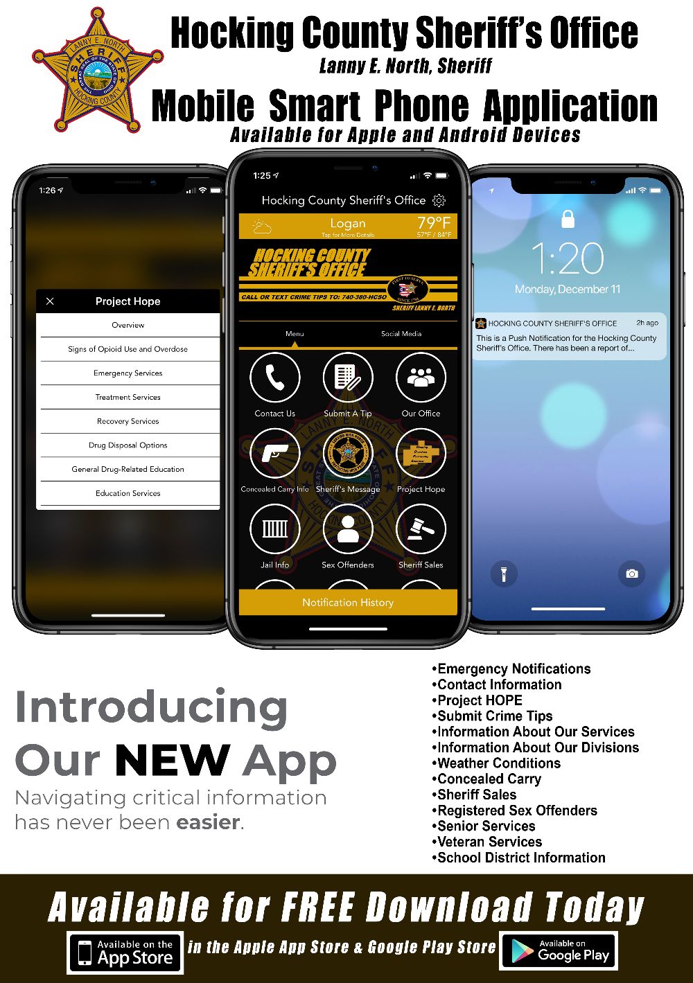 Poster for the free Hocking County Sheriff's Office mobile app, showing app screens for Project Hope, the main menu, and a push notification